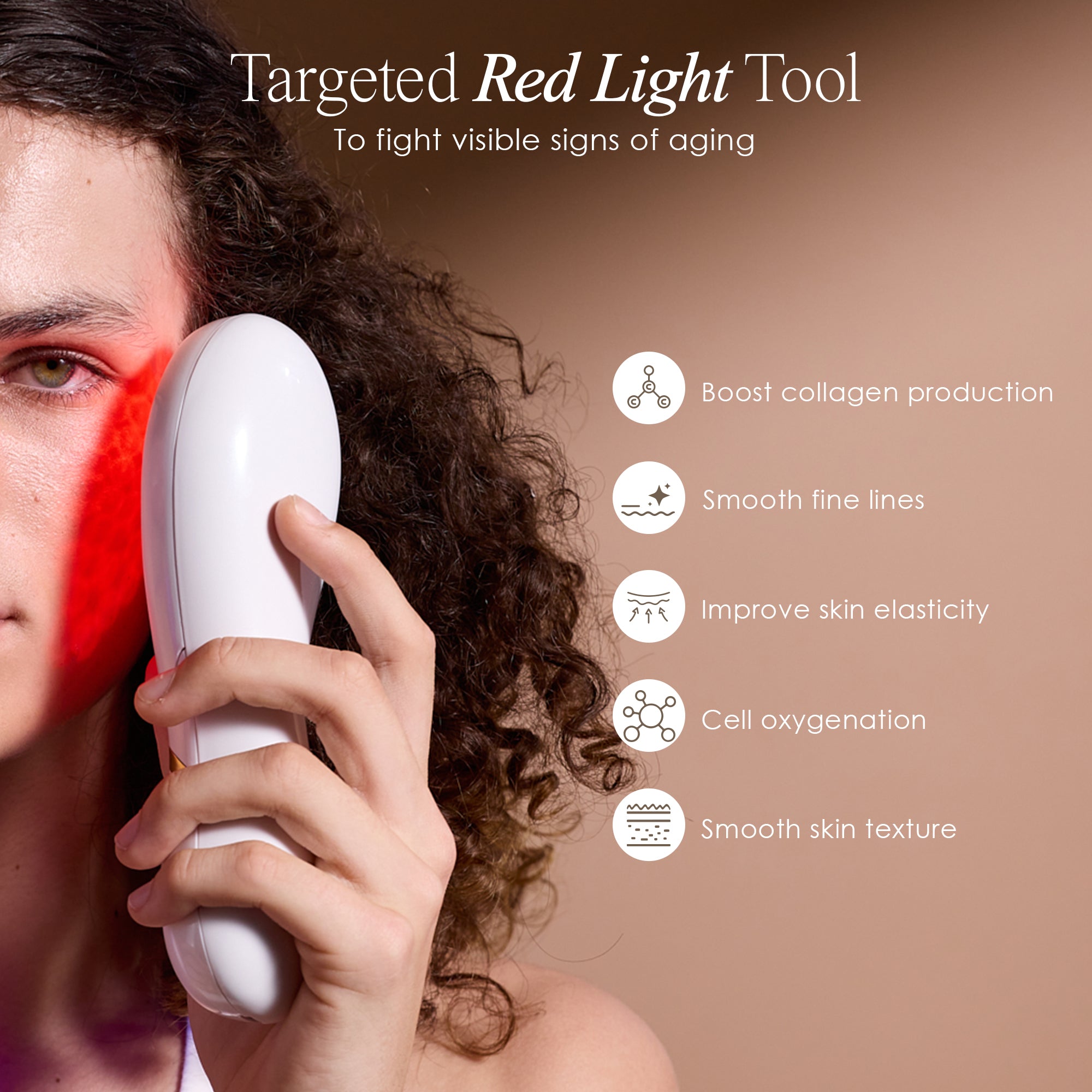 LumaGlow Red anti-aging wand listing red LED light therapy benefits such as smoothing fine lines